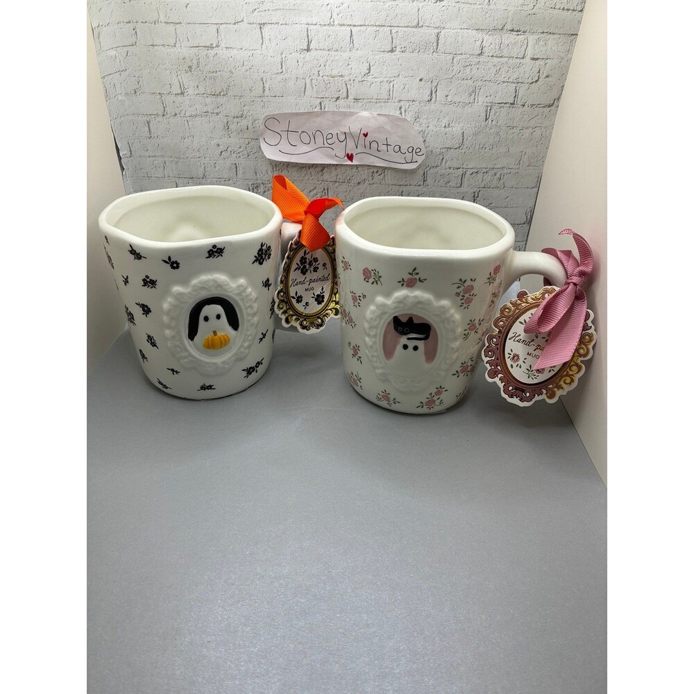 Halloween Matching Cameo Framed Ghost Cat Sunday Morning Ceramic Mug Set